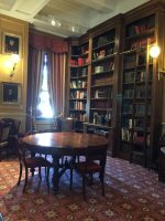Tall Oak bookshelves with brass rail and ladder - Image 3