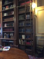 Tall Oak bookshelves with brass rail and ladder - Image 2