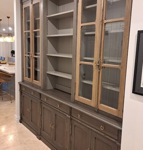 Built in cabinet, combination of distress painted and raw oak